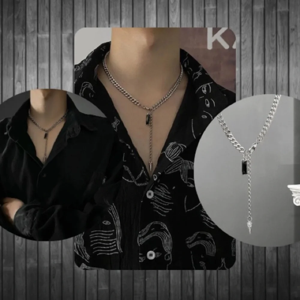 Black Crystal Pendant Stainless Steel Mens Necklace